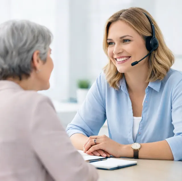 Beraterin mit Headset im Gespraech mit einer Teilnehmerin